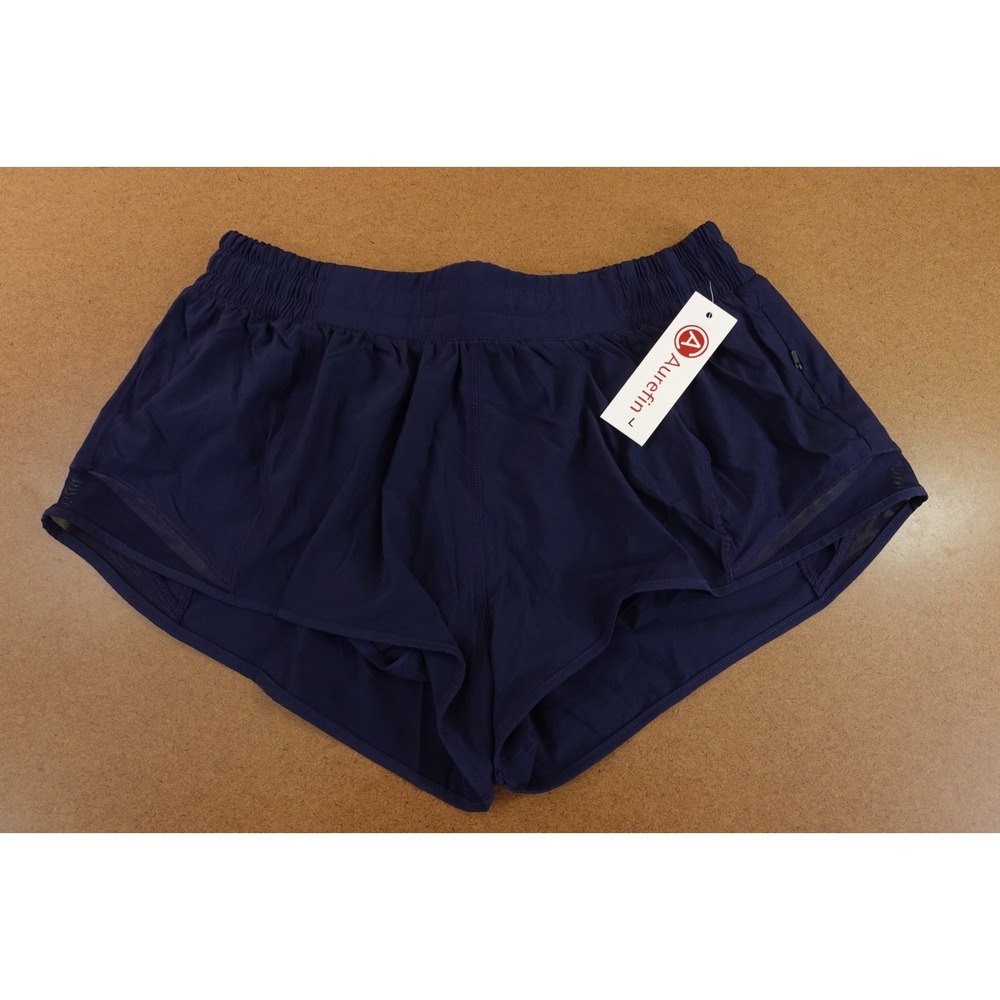 Aurefin Womens Size Large Navy Blue Zop Pocket Athletic Running Shorts NWT